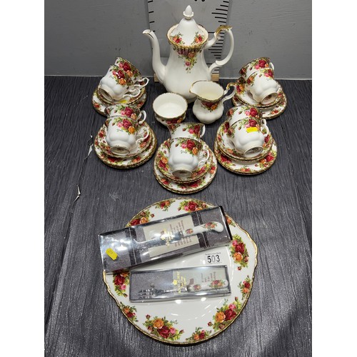 503 - Royal Albert country rose china tea set 10 place setting missing 1 saucer + cake plate & knives