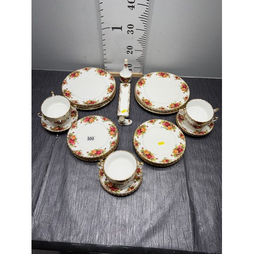 500 - Royal Albert country rose china dinner, side, soup plates etc 35 pieces