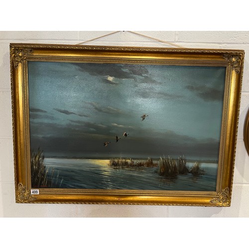 499 - Large oil on canvas ducks in flight signed Dion pears