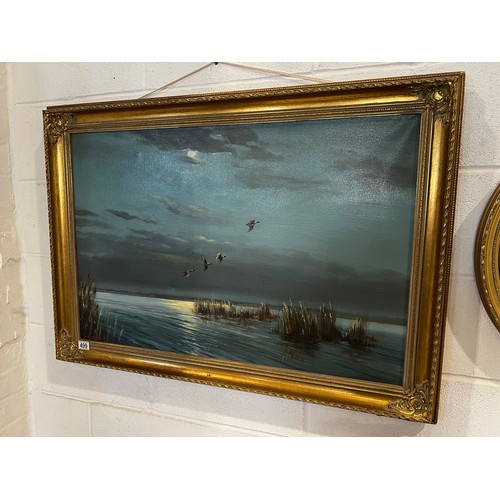 499 - Large oil on canvas ducks in flight signed Dion pears