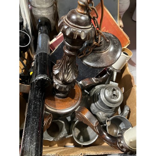 493 - Box pewter tea set , books light fittings torches etc