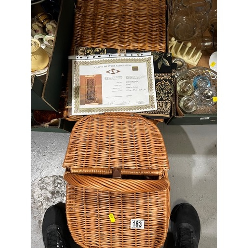 183 - Wicker picnic baskets x2 + handmade carpet with certificate