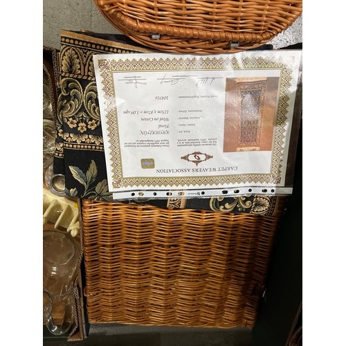 183 - Wicker picnic baskets x2 + handmade carpet with certificate