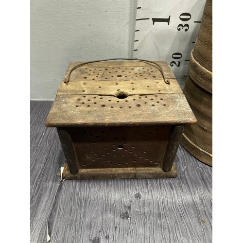 73 - Wooden lidded oil barrel + wooden critter box