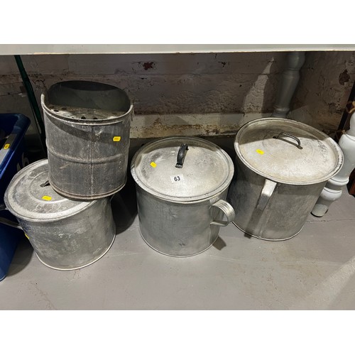 63 - 3 Large galvanized lidded pots + mop bucket