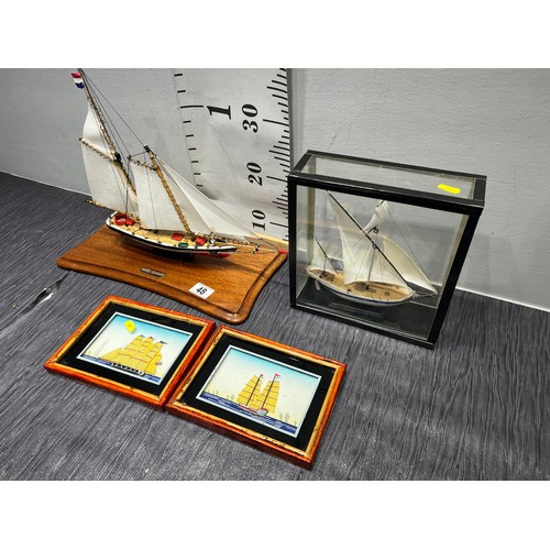 48 - Sailing ship under glass + 1 sailing ship on plynth + pair 3D ship pictures