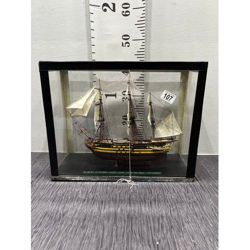 107 - Model H.M.S victory made June 1979 in glass case