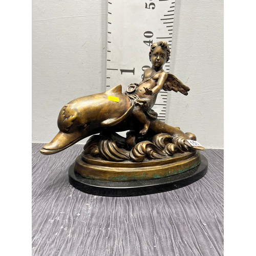 150 - Large bronze dolphin & cherub figure