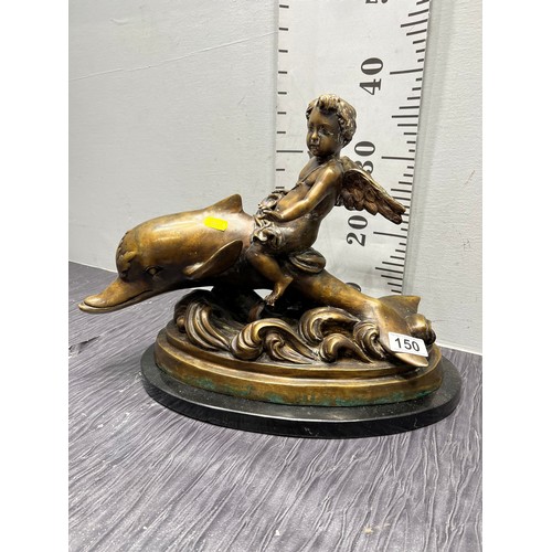 150 - Large bronze dolphin & cherub figure