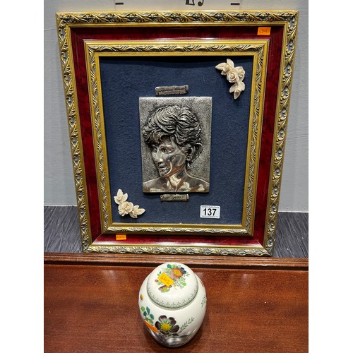 137 - Diana plaque framed + masons ginger jar + wooden tray