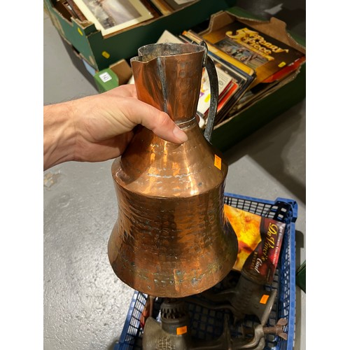 136 - Large copper jug, vintage meat grinders etc