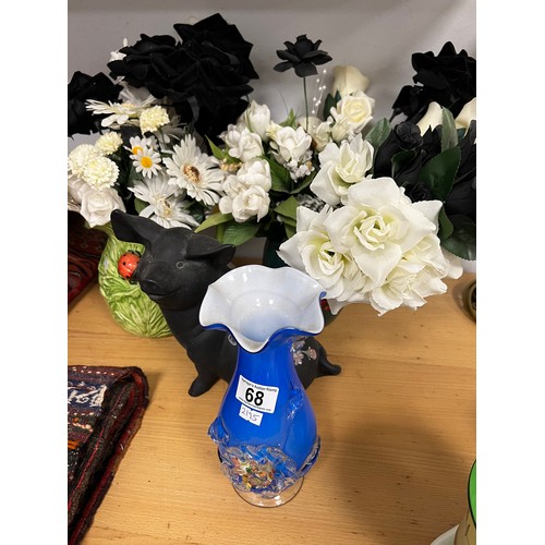 68 - 2x Jug flower displays, pot pig + glass blue vase