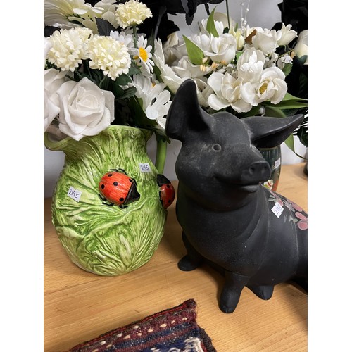 68 - 2x Jug flower displays, pot pig + glass blue vase