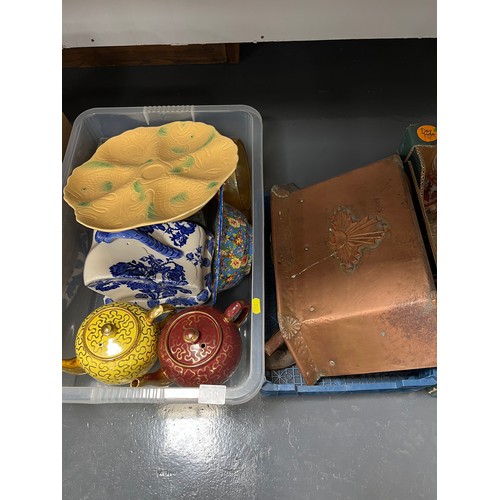 58 - Box collectable pottery, crown ducal chinz bowl, cheese dish etc + basket brass & copper items etc