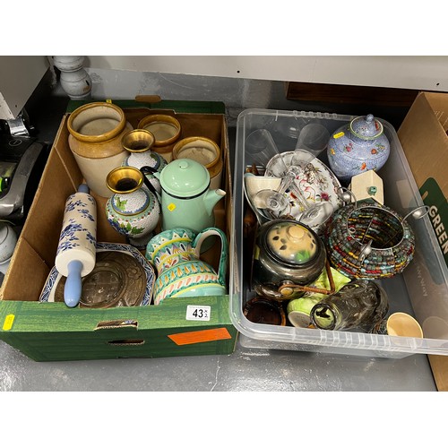 43 - 2 Boxes pottery etc Laura Ashley rolling pin, cloisonne vases, enamel & stoneware etc