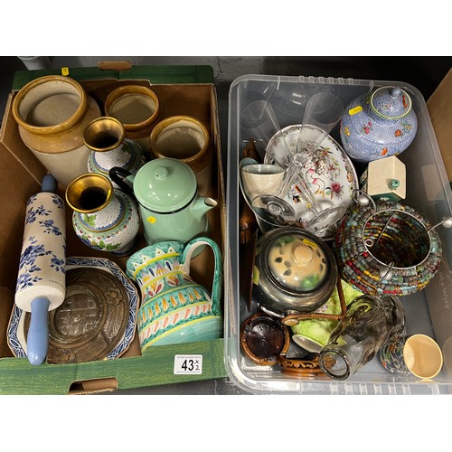 43 - 2 Boxes pottery etc Laura Ashley rolling pin, cloisonne vases, enamel & stoneware etc