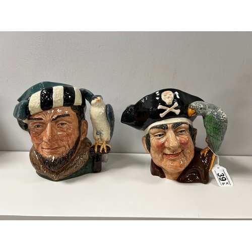 39 - 2 Royal doulton long john silver, the falconer character jugs