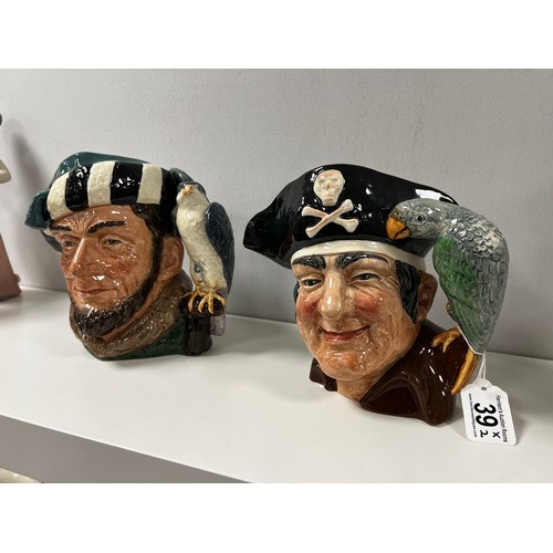 39 - 2 Royal doulton long john silver, the falconer character jugs