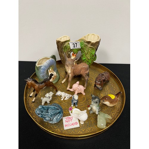 37 - Tray collectables, withensea fauna vase, USSR wren, jade rabbit, beswick etc tray not inc