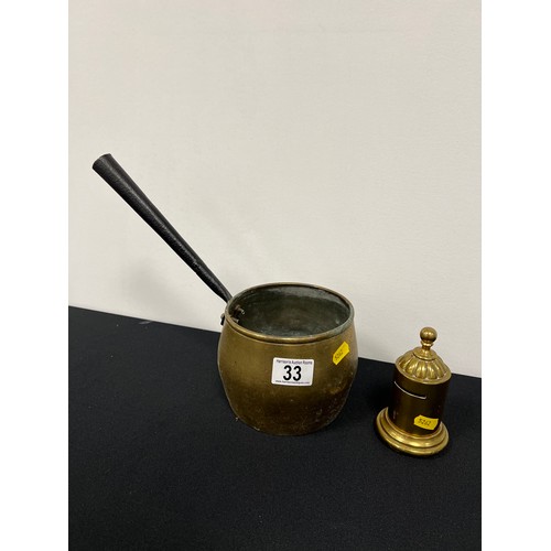 33 - Victorian heavy brass pan + brass money box