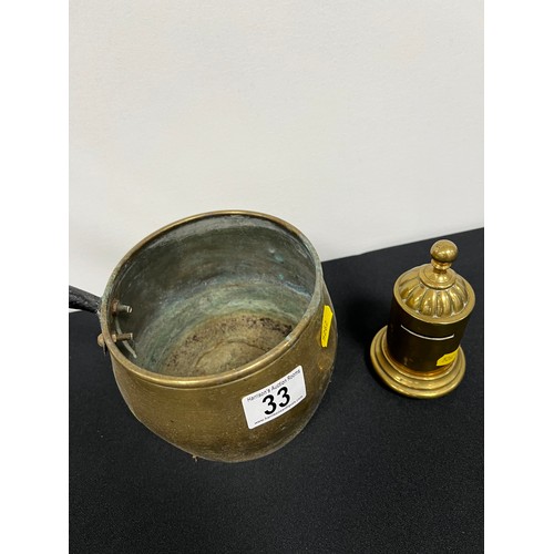 33 - Victorian heavy brass pan + brass money box