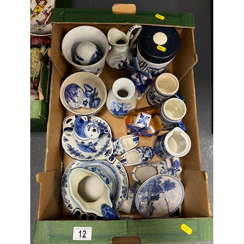 12 - Box blue white delft pottery etc