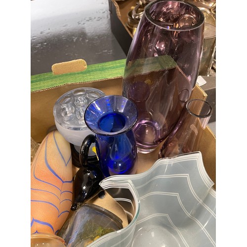 10 - Good box vintage glassware cobalt blue, danish, handkerchief, vase, etc