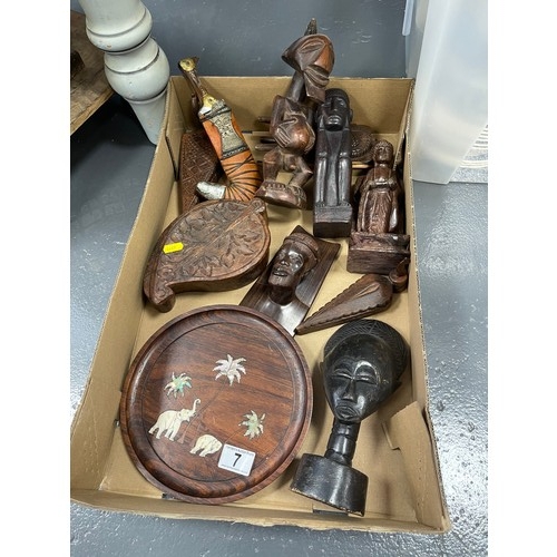 7 - Box carved wood tribal figures and inlaid mother of pearl tray