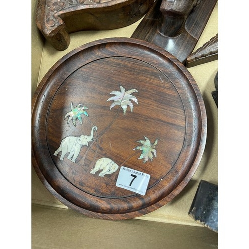 7 - Box carved wood tribal figures and inlaid mother of pearl tray