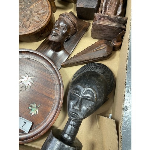 7 - Box carved wood tribal figures and inlaid mother of pearl tray