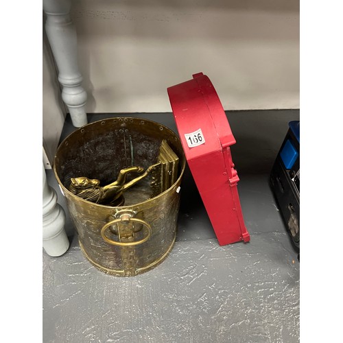 166 - Heavy brass planter/coal bucket brass horse, wall mounted red post box