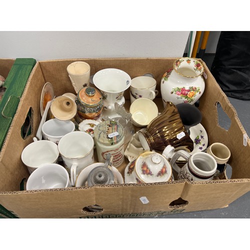 147 - 2 Boxes collectable pottery, large lossolware jug, Royal Albert etc