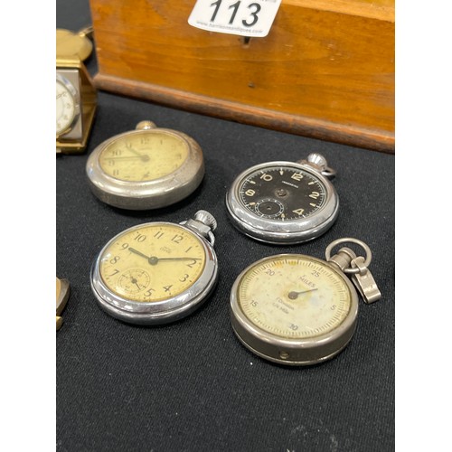 113 - Russian clock on stand and box pocket watches