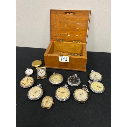 113 - Russian clock on stand and box pocket watches