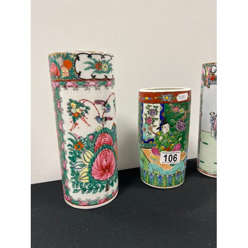 106 - 3 Cantonese/ chinese famille rose porcelain cylindrical vases 2 with marks to age