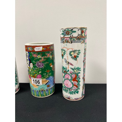 106 - 3 Cantonese/ chinese famille rose porcelain cylindrical vases 2 with marks to age