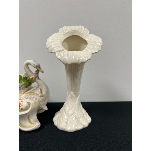 90 - Pair beleek vases 1 a/f and continental swan figure planter a/f