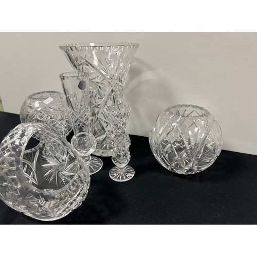 71 - 7 piece cut glass vases/basket