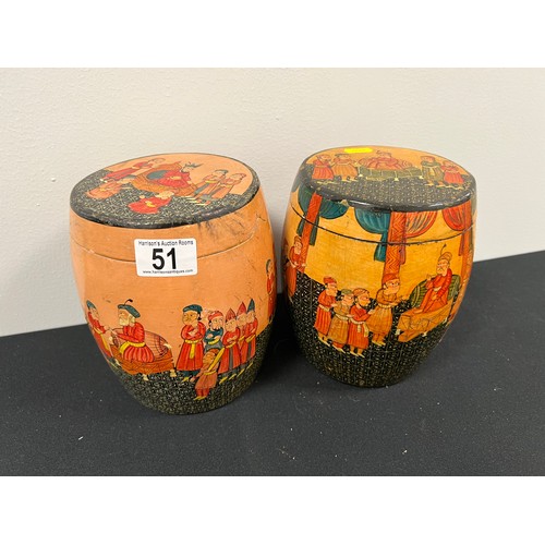 51 - Pair lacquered papier mache brass lined tobacco pots hand painted