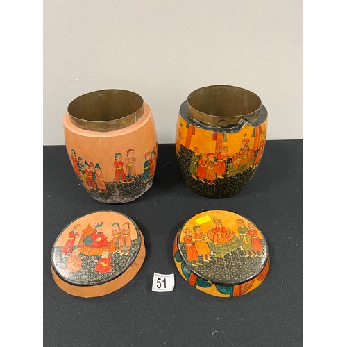 51 - Pair lacquered papier mache brass lined tobacco pots hand painted