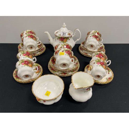 31 - Royal Albert country rose tea set 6 cups saucers plates tea pot milk sugar and four coffee cups + sa... 