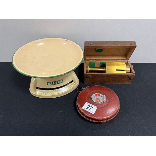 27 - Vintage leather tape measure and salter scales and brass compass in box