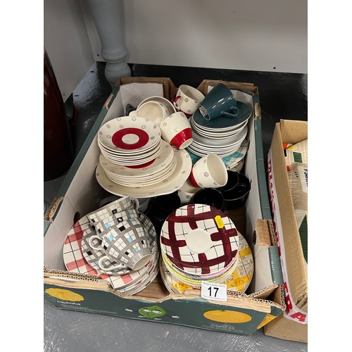 17 - 2 Boxes retro pottery including large piece retro linen