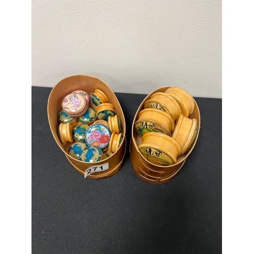 271 - 2 Wooden boxes with wood & metal small trinket boxes