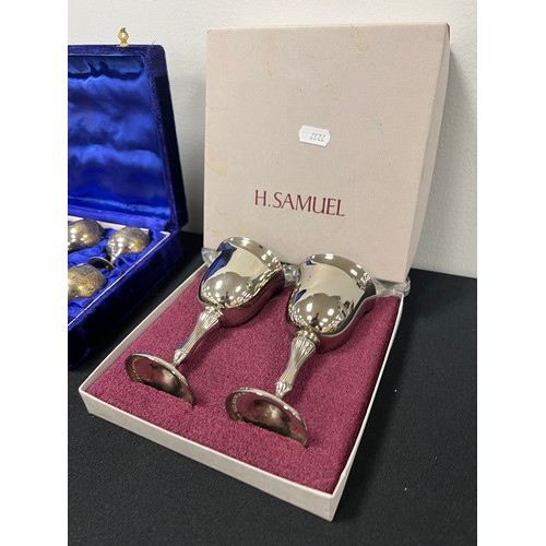 245 - 6 Silver plated wine goblets all boxed H.Samuel + cased set goblets in box