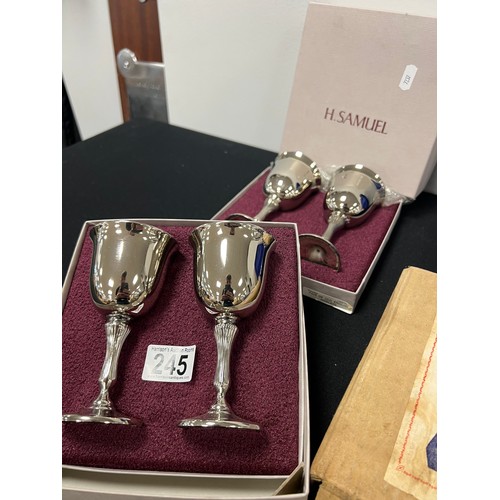 245 - 6 Silver plated wine goblets all boxed H.Samuel + cased set goblets in box