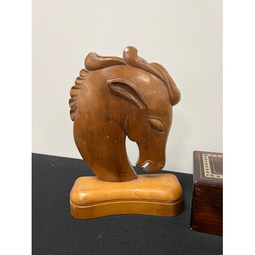 244 - Pair wooden horse head book ends + inlaid games box