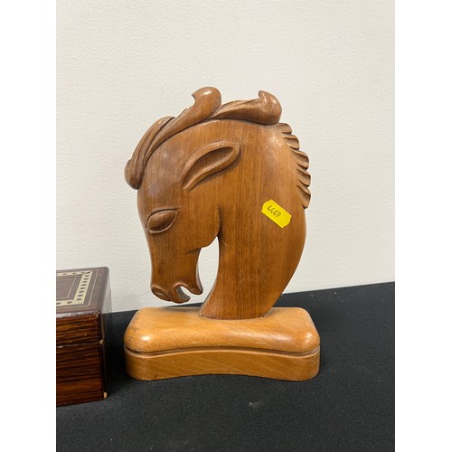 244 - Pair wooden horse head book ends + inlaid games box