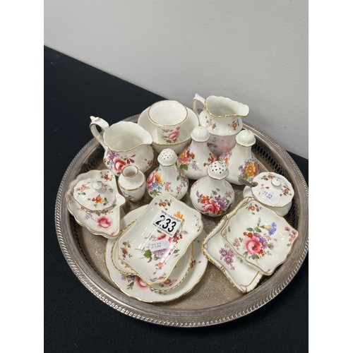 233 - Tray royal crown derby, salt & pepper pots, jugs, pin trays etc derby posies tray not inc