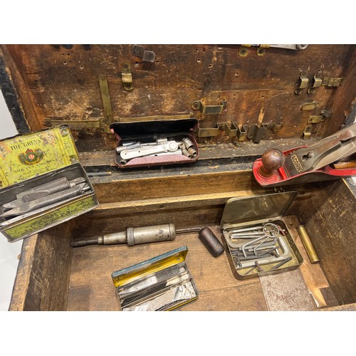 210 - Heavy vintage wooden tool box and contents